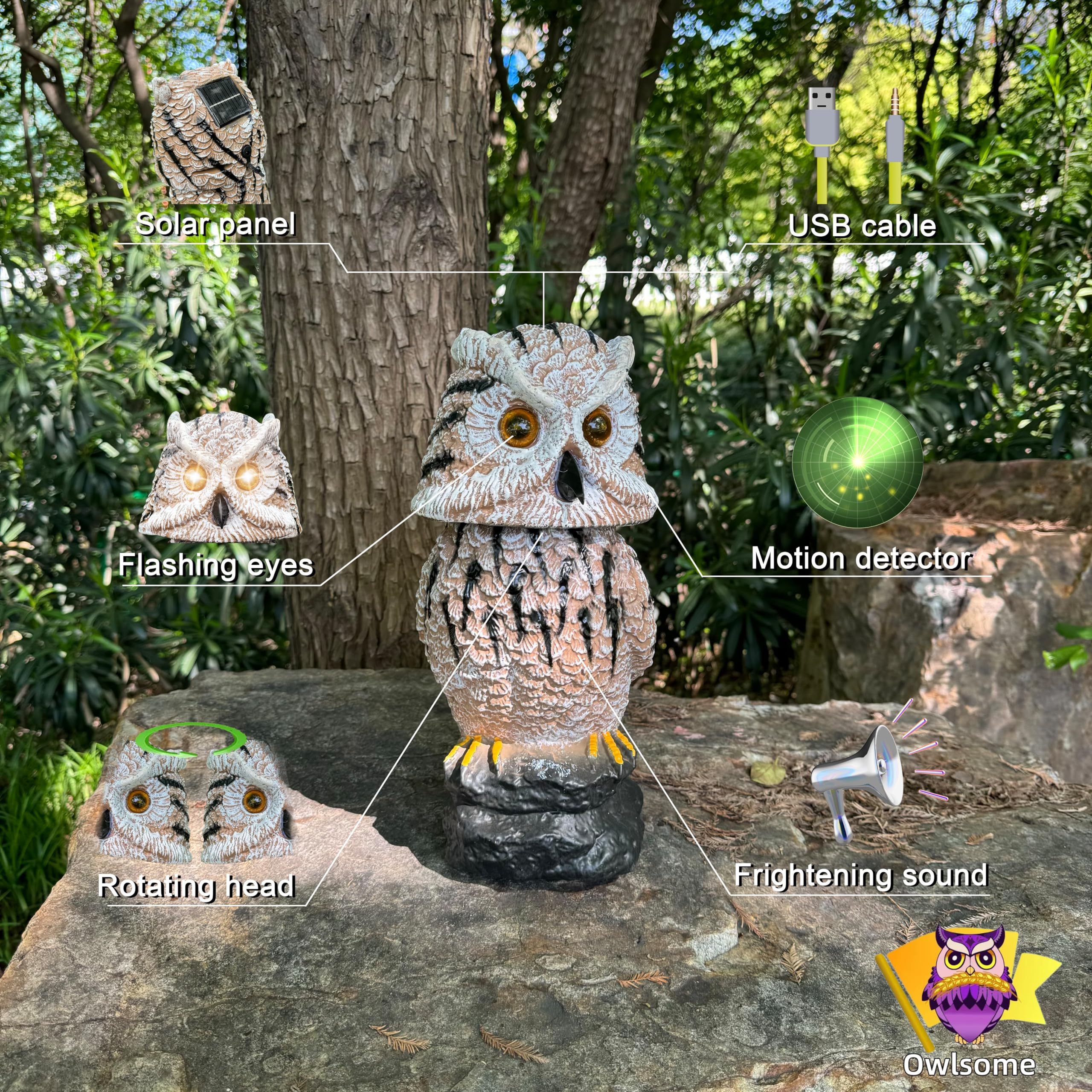 Owlsome Coruja solar com olhos piscando, cabeça giratória, som de
